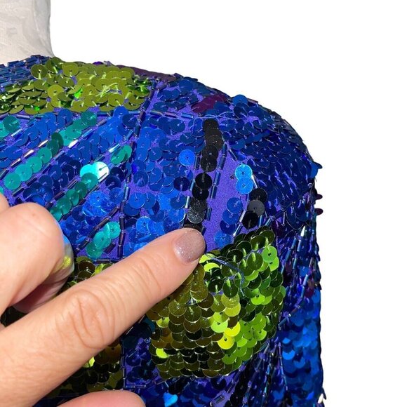 A J Bari Vintage Womens Dress Size 10 Blue Mini Sequin Beaded Checked Pure Silk - Picture 9 of 9